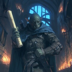 A fantasy creature holding a scroll in a dimly lit medieval setting.