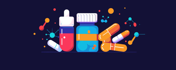 Colorful medicine bottles and capsules with chemical molecules on dark background - vector.