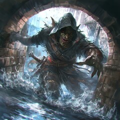 A mysterious creature emerges from a dark sewer, creating an eerie atmosphere.