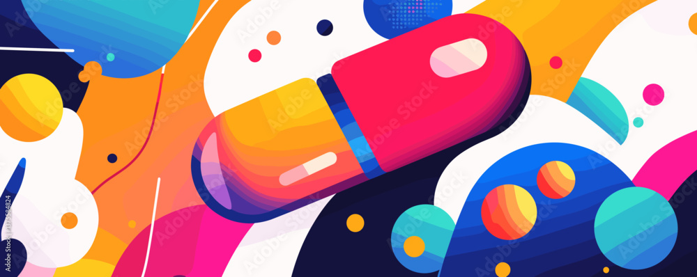 Poster colorful abstract capsule amidst vibrant shapes and patterns vector.