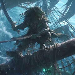 A mythical creature navigates stormy seas, showcasing daring and adventure in an epic tale.