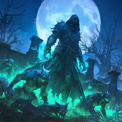 A haunting figure surrounded by eerie creatures under a full moon in a dark setting.