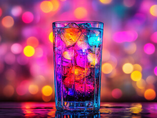 Brightly colored drink with ice in vibrant light setting