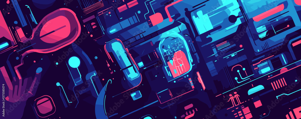 Aufkleber futuristic circuit board with neon colors and abstract design - vector.