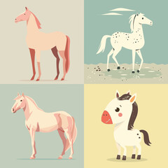 Obraz premium Set of cartoon and stylized horses in various poses and backgrounds. Perfect for farm themes, kids’ books, animal illustrations, equestrian graphics, and educational content.