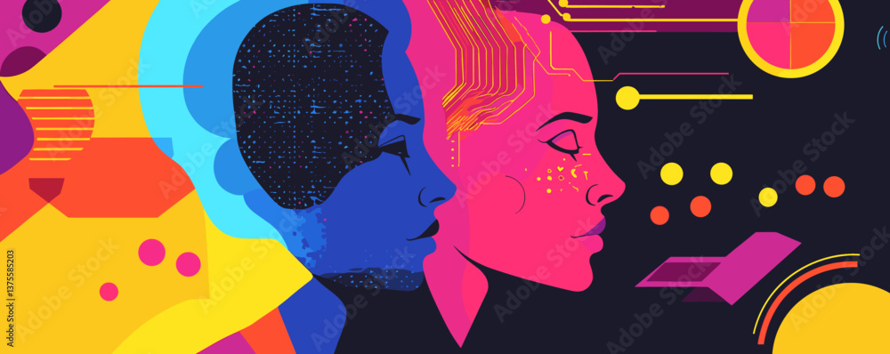 Poster Vibrant dual faces in abstract tech style with geometric patterns - vector.