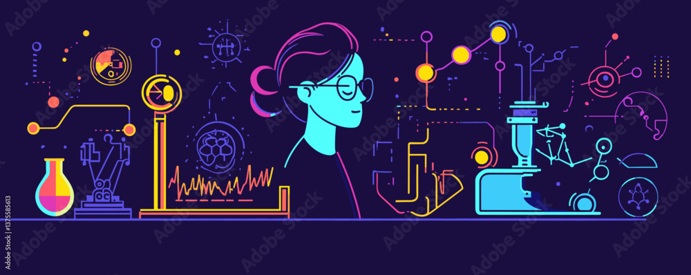 Poster futuristic woman scientist with lab equipment and data visualization in a neon style - vector.