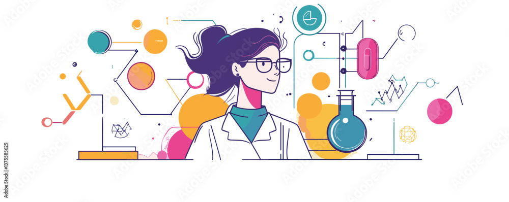Aufkleber female scientist surrounded by colorful scientific elements and formulas in a modern style - vector.