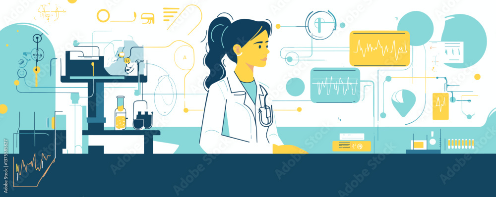 Aufkleber female scientist in modern laboratory setting analyzing data and experiments - vector.