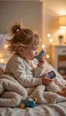 Fototapeta premium Toddler using inhaler while focused on tablet in cozy bedroom, health awareness