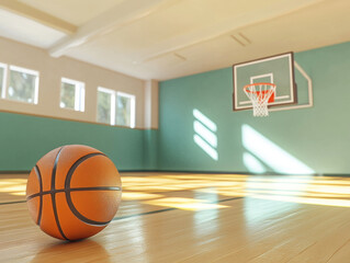 Naklejka premium Basketball sits on court floor in bright gym with natural light