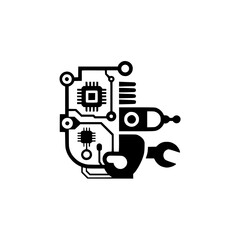 Tech Repair & Coffee: Geometric Circuit Board Icon on White