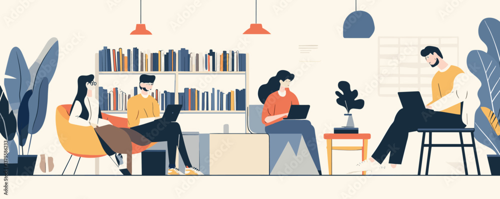 Poster collaborative coworking space with people using laptops in a modern library setting - vector.