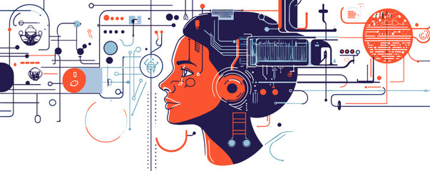Naklejka premium Futuristic female profile with circuitry and technology elements in digital art – vector.