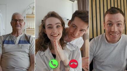 Three family members are enjoying a split screen online call, sharing smiles and laughter. Each person is in a different location, enhancing their connection despite the distance.