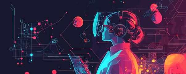Futuristic female scientist using vr in space-themed digital environment - vector.
