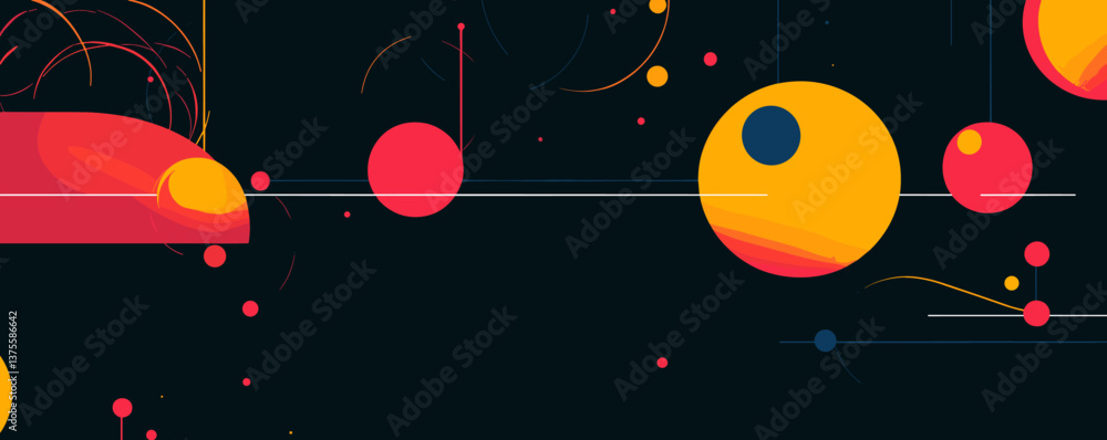 Poster abstract geometric design with colorful circles and lines on dark background - vector.