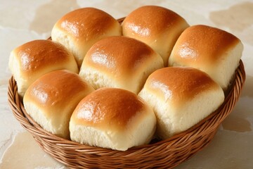 Freshly baked bread rolls in a woven basket on a table