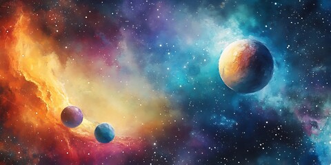 Obraz premium Watercolor Painting of Space with Stars for Cosmic Art, Dreamy Backgrounds, or Celestial Designs