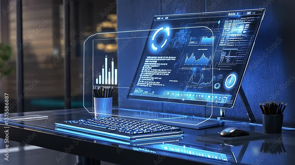 Poster futuristic workspace with advanced technology and data visualization for modern business