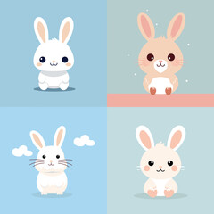 Fototapeta premium Cute cartoon rabbits in various poses with pastel-colored backgrounds. Perfect for Easter themes, spring designs, children's illustrations, or cute animal graphics.