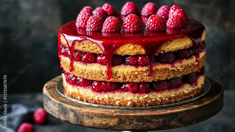 Poster decadent raspberry cake with layers and glossy raspberry glaze served on a wooden platter, decadent 