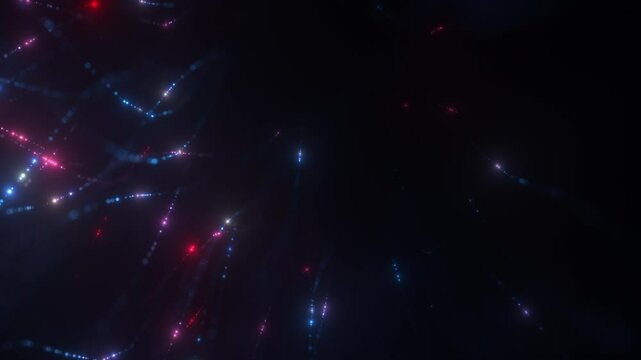 Futuristic glowing abstract blue and purple particle string background. AI network and advanced technology 3D animation depicting neural networks, artificial intelligence and quantum computing.