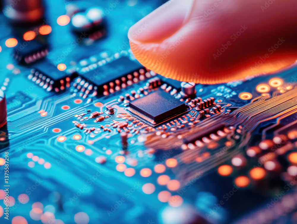 Aufkleber exploring a digital circuit board with a focused fingertip