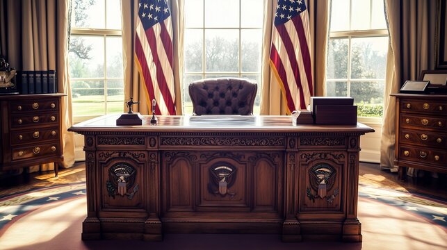 A luxurious cabinet with a massive wooden table decorated with a coat of arms and carvings is located in front of large windows with a view of the green garden.