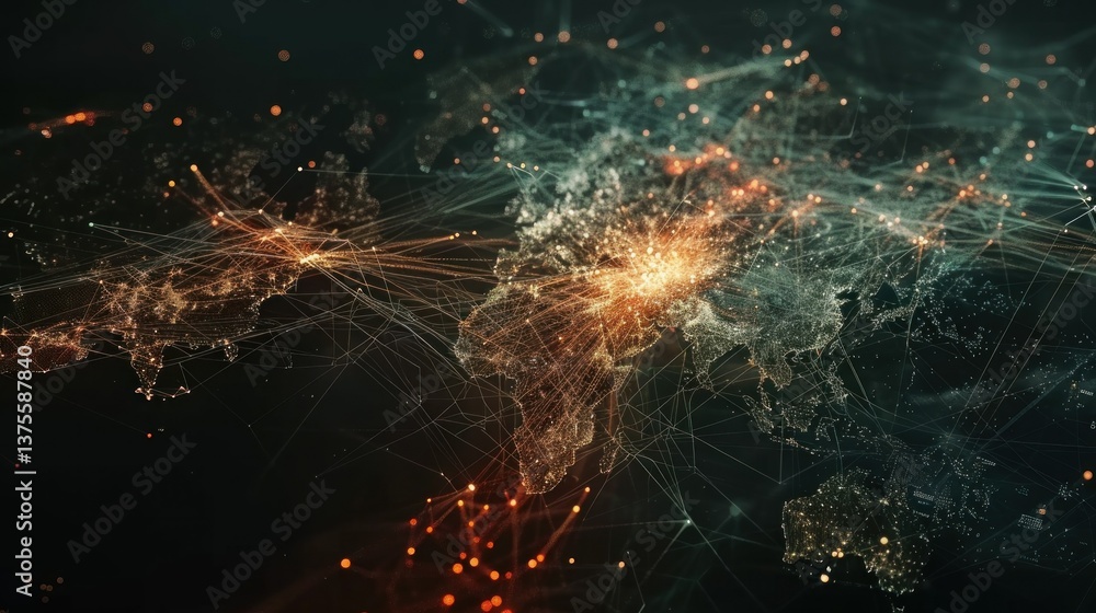Poster world map with global network connections and data flow.