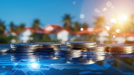Investment growth financial environment coins economic landscape close-up view wealth concept