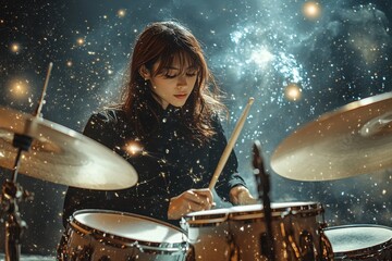 Young drummer performs passionately under a starry sky background in a music studio