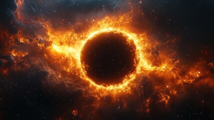 Naklejka premium glowing black hole with golden luminous rings in space hyper-realistic depiction of galaxy and stars