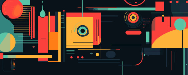 Obraz premium Abstract geometric shapes and lines in bold colors on black background - vector.