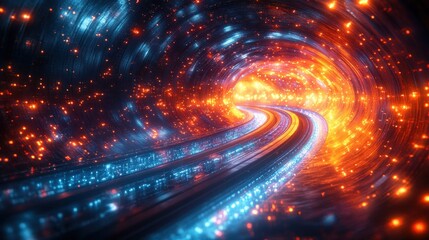 Futuristic Abstract Technology Background with Neon Light Trails and Data Flow Visualization