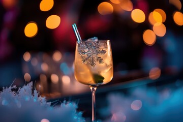 Enjoy a refreshing cocktail served in an elegant, stylish glass, beautifully surrounded by twinkling lights