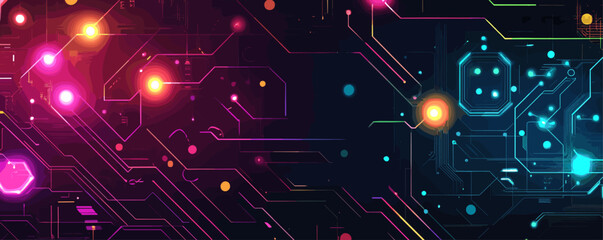 Fototapeta premium Futuristic circuitry: abstract digital network with neon circuits and glowing nodes - vector.