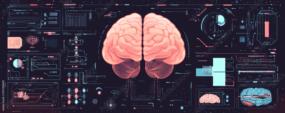 Poster futuristic brain interface with data panels and digital graphics in a high-tech vector.