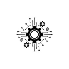 Fototapeta premium Tech Gears & Circuitry Icon - Minimalist Black & White Design