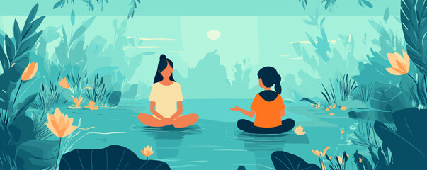 Tranquil moment by a pond: two women meditating in nature, lotus flowers, peaceful scene - vector.