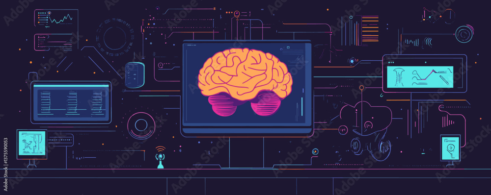 Poster futuristic brain on screen with digital interface and data elements, cyber mind concept - vector.