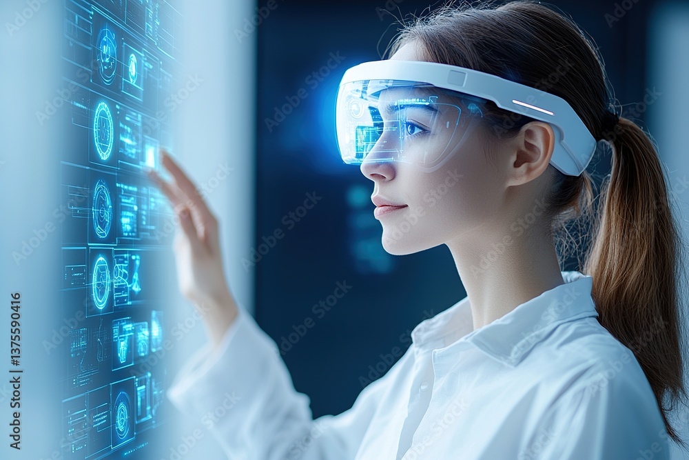 Poster a woman interacts with a digital interface using augmented reality glasses in a futuristic setting.