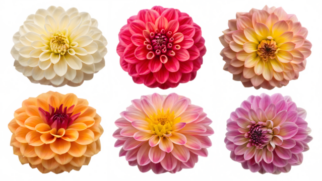 Dahlia flower heads set on a transparent background for high-quality digital art, floral-themed projects, and professional graphic design.flowers isolated on white background
