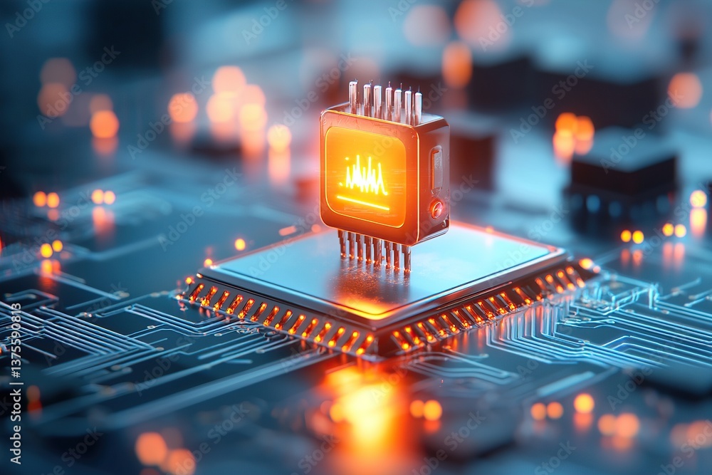Poster a glowing microchip on a circuit board, symbolizing technology and innovation.