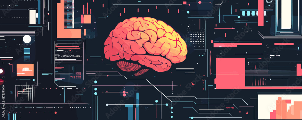 Poster futuristic digital brain interface with data visualization and tech elements – vector.