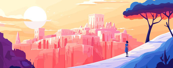 Woman gazing at sunlit ancient city among mountains and trees at sunset - vector.