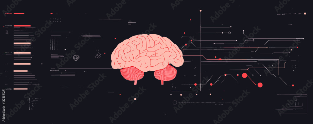 Poster abstract graphic of brain and neural network connections in dark background vector.