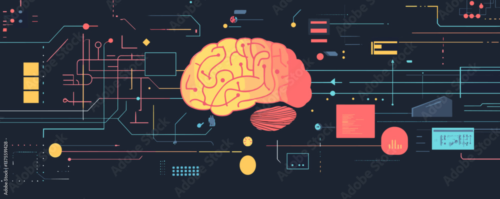 Poster abstract neural network design with brain and circuit elements on dark background, vector.