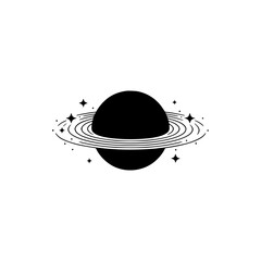 Minimalist Black Planet with Rings & Stars on Gray Background