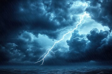 Obraz premium Thunderstorm Lightning Bolt Striking in Dark Clouds with Rain and Stormy Weather